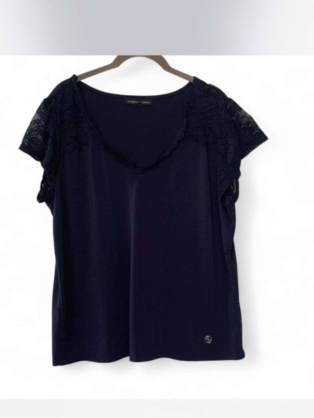 Coquette Adrienne Vittadini Navy Lace Sleeve Scoop Neck Top XL